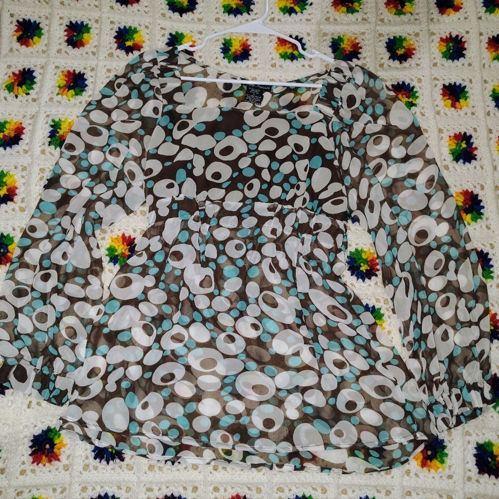 Groovy Sheer Brown & Aqua Dot Baby Doll Style Top